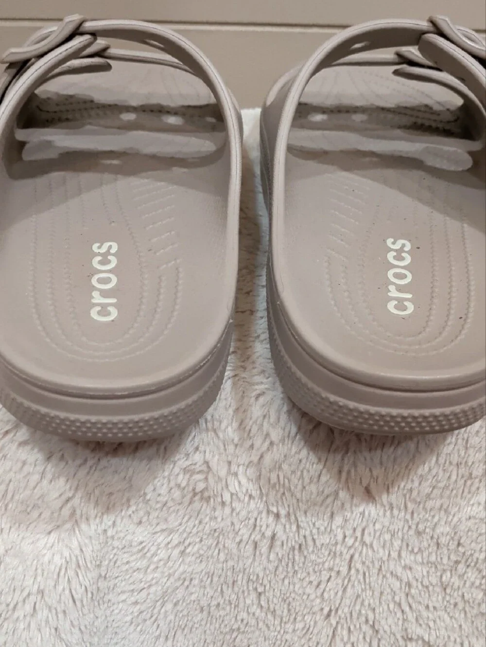 CROCS Women’s Dual-Buckle Slide Sandal in Taupe